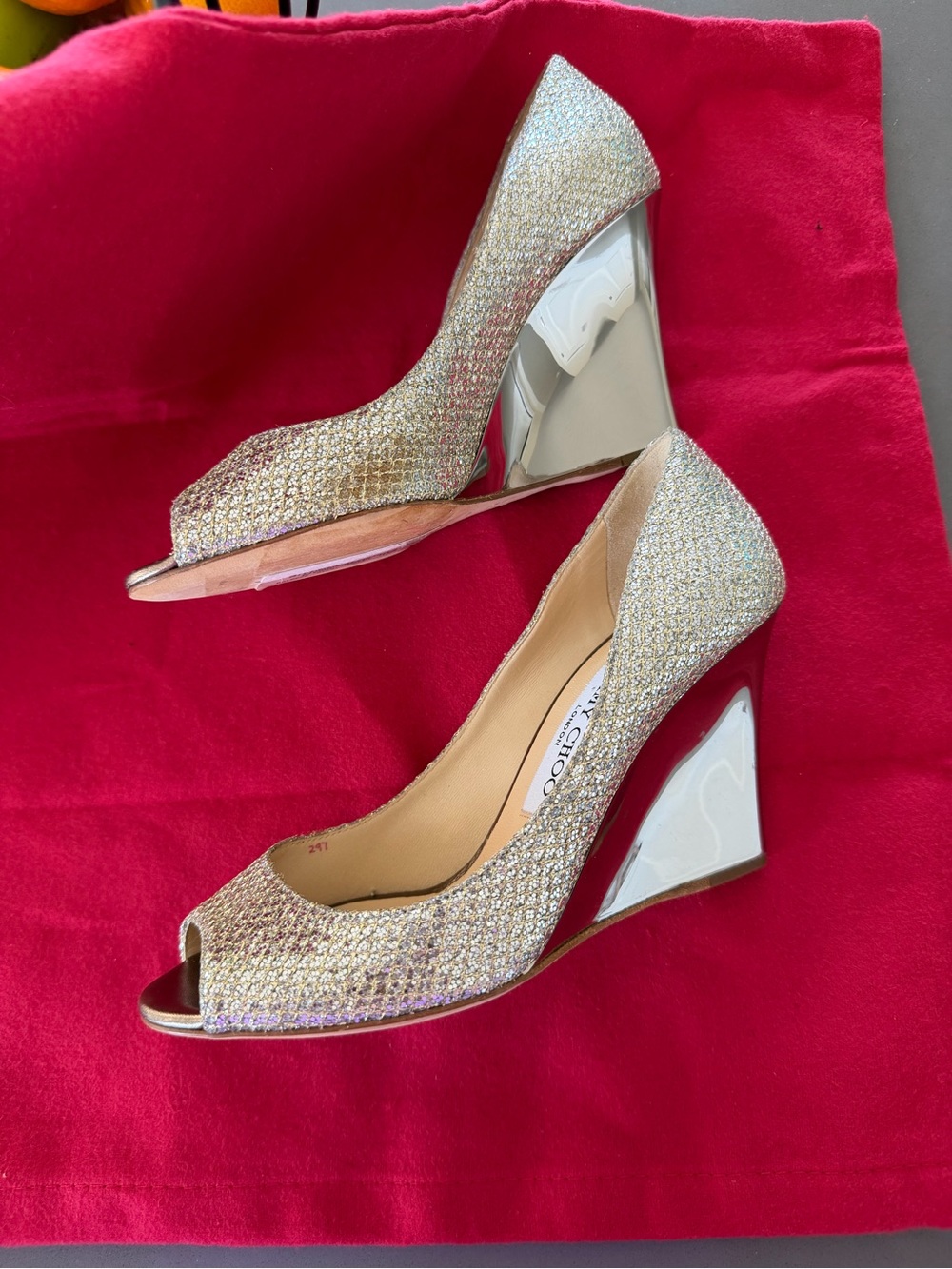 Jimmy Choo Gold Glitter Peep-Toe Wedge Pumps